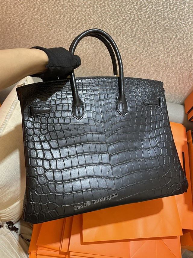 Hermes專櫃經典款birkin35手提女包 愛馬仕純水染尼羅霧面皮黑色黑扣三張皮手工縫鱷魚皮包 ttd1335